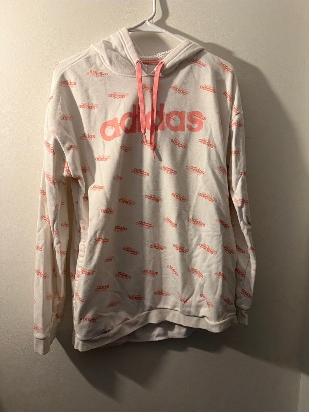 adidas White Hoodie with Pink Logo Pattern and Pink Drawstrings